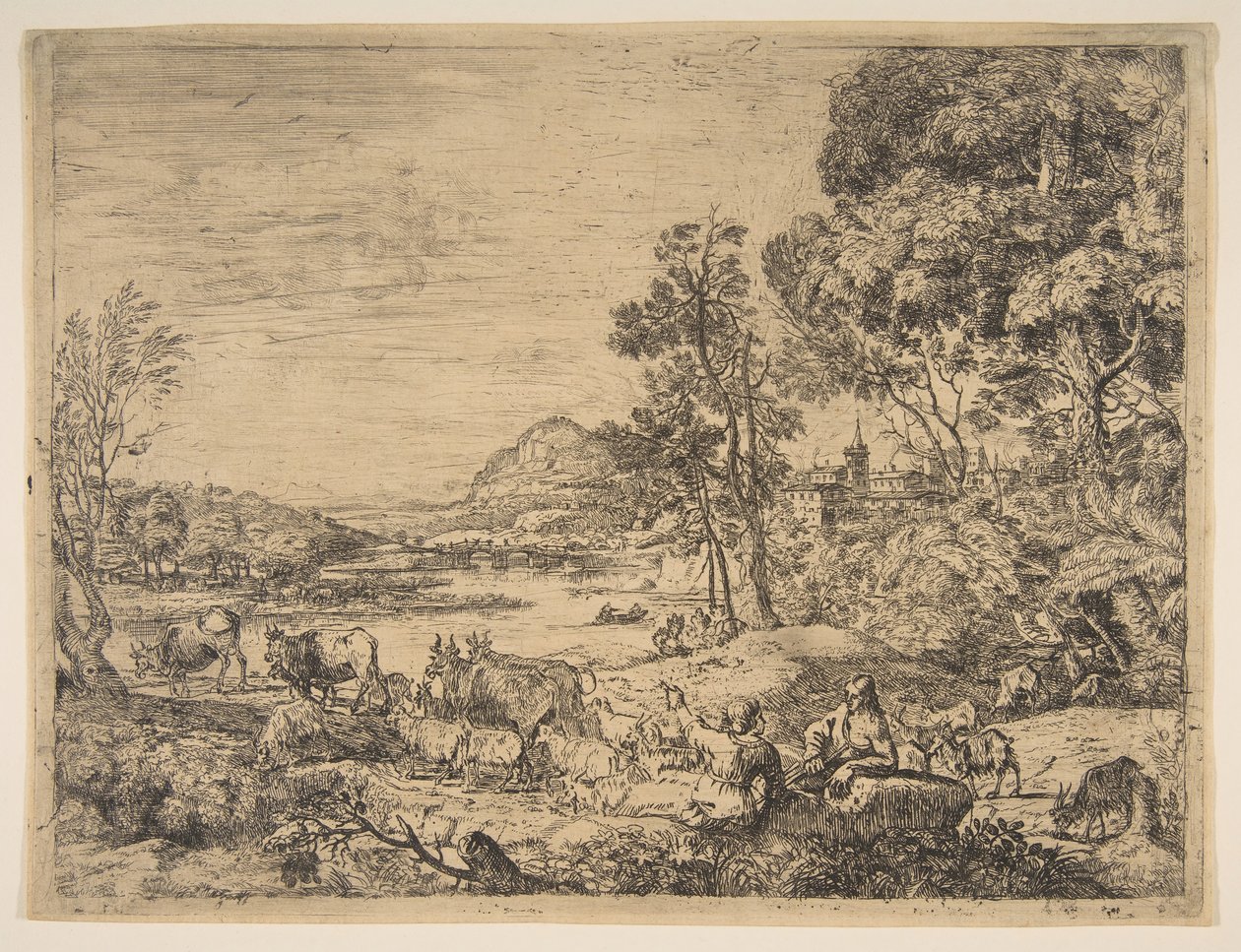 Pásztor és pásztorlány beszélget egy tájban, kb. 1651. alkotó: Claude Lorrain