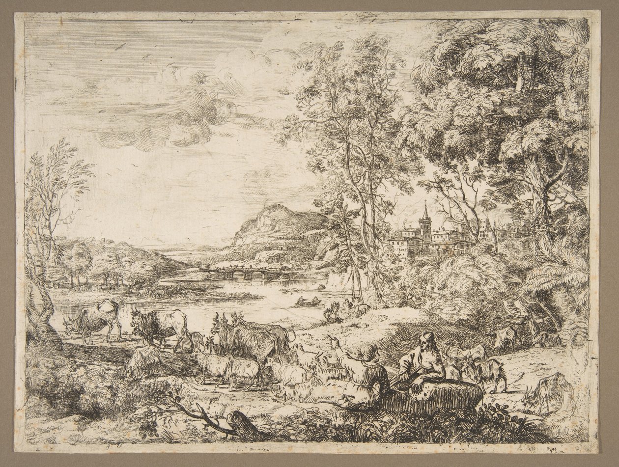 Pásztor és pásztorlány beszélget egy tájban, kb. 1651. alkotó: Claude Lorrain