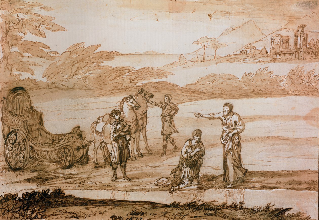 Szent Fülöp megkereszteli az eunuchot, 1677 (tinta és mosás papíron) alkotó: Claude Lorrain