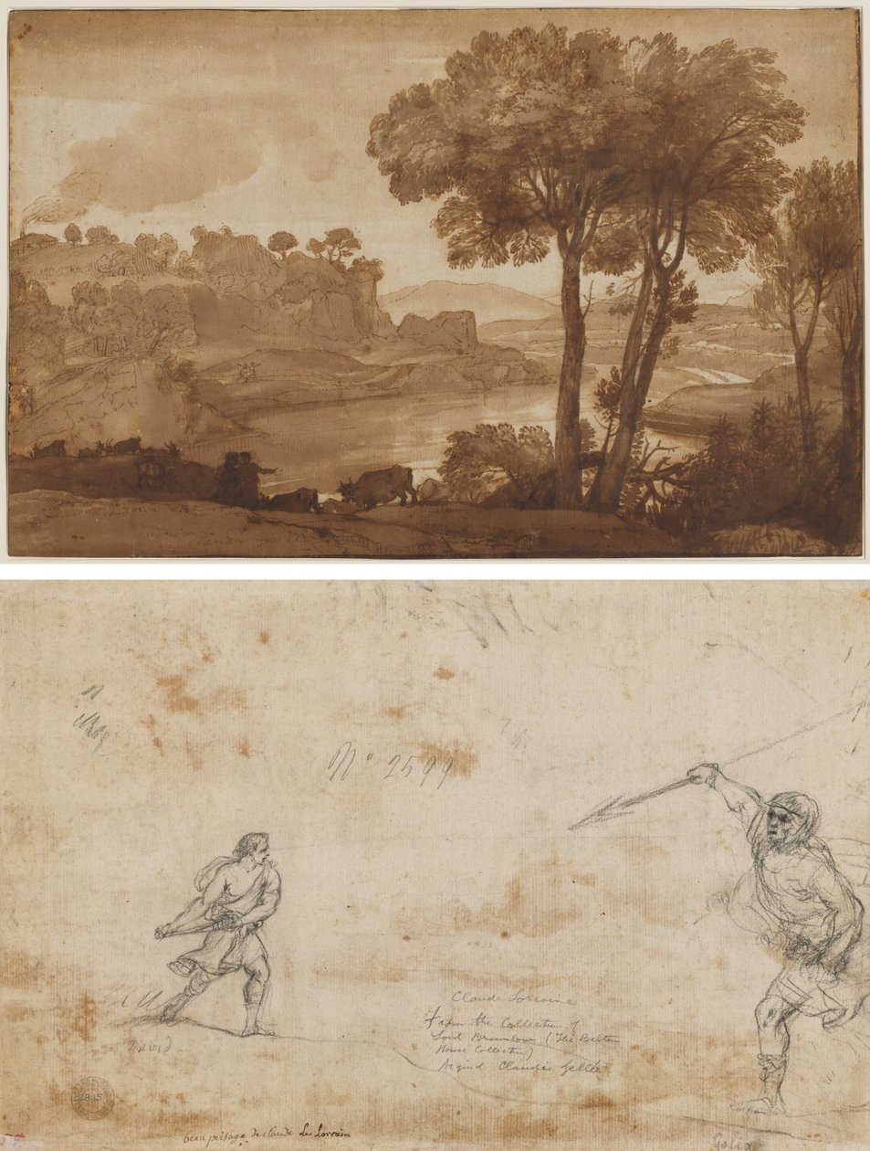 Kilátás az Acqua Acetosára (recto); Dávid és Góliát (verso) alkotó: Claude Lorrain