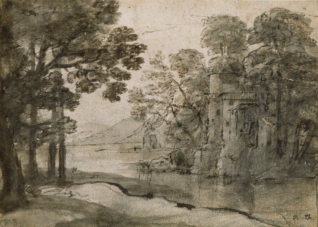 Vízimalom fák között, c1635-1638 alkotó: Claude Lorrain
