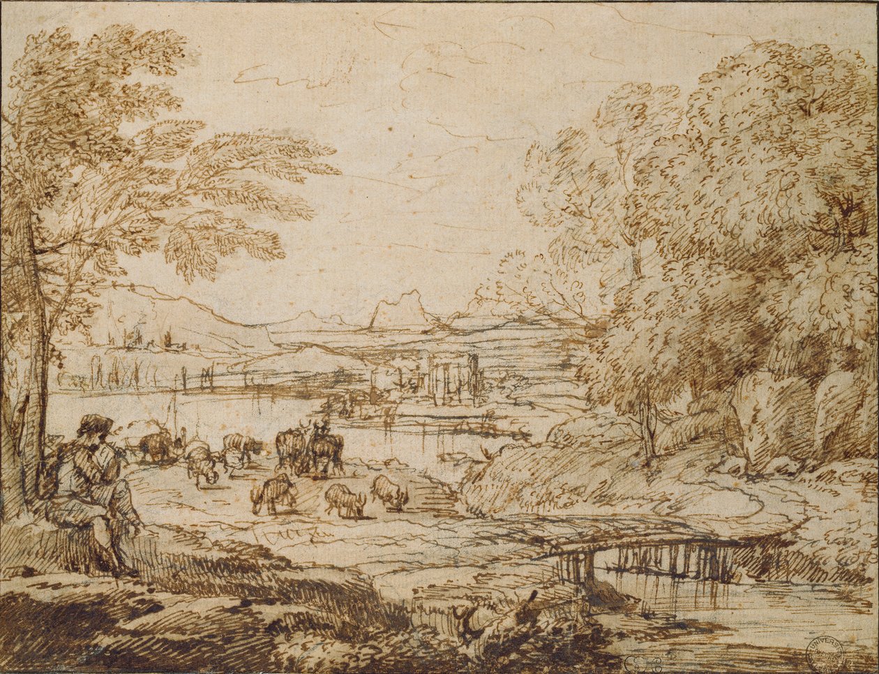Fiatalok, akik pipázik egy pásztori tájban, 1640-es évek alkotó: Claude Lorrain