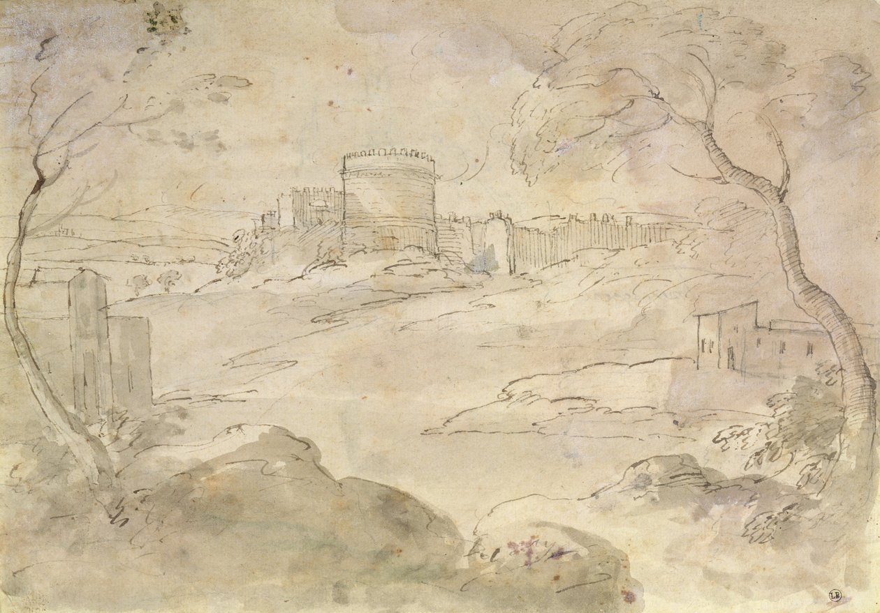 Táj egy erődített várossal (tinta és mosás papíron) alkotó: Claude Lorrain