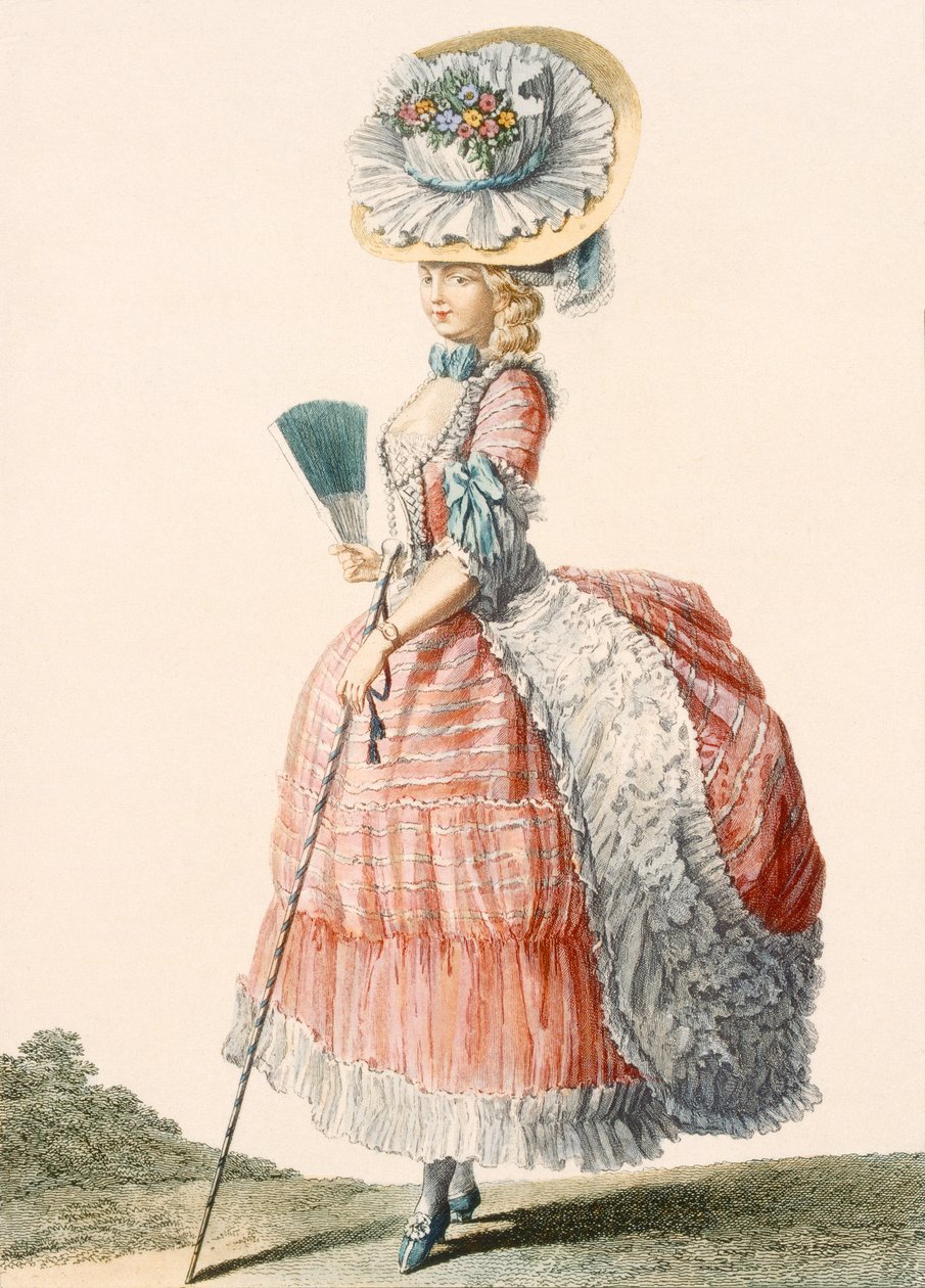 Női sétányruha, Dupin metszetével, a „Galeries des Modes et Costumes Francais” tányérja, 1778-87 körül (színes metszet) 99:ruházat; tradicionális öltözet; népviselet; divat; ábra; c18th; divatos; ruházat; női; ventilátor; kalap; nád; alkotó: Claude Louis (after) Desrais