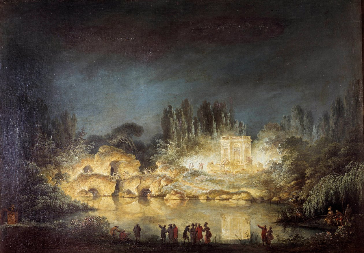 A Versailles-i Peer Trianon kertjében található Belvedere pavilon megvilágítása a Marie Antoinette királynő által II. József (1741-1790) testvére tiszteletére rendezett lakomán 1781 augusztusában. Claude Louis Chatelet (1753-1794) festménye alkotó: Claude Louis Chatelet