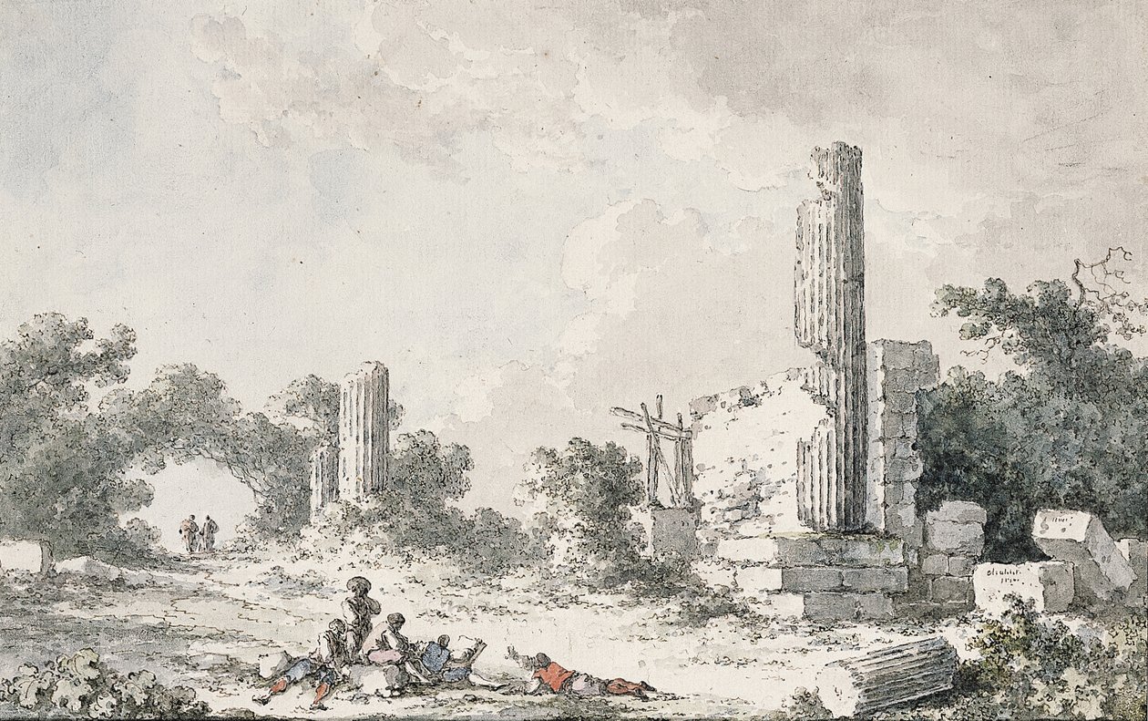 Castor és Pollux templomának romjai, Agrigento, művészek vázlatokkal alkotó: Claude Louis Chatelet