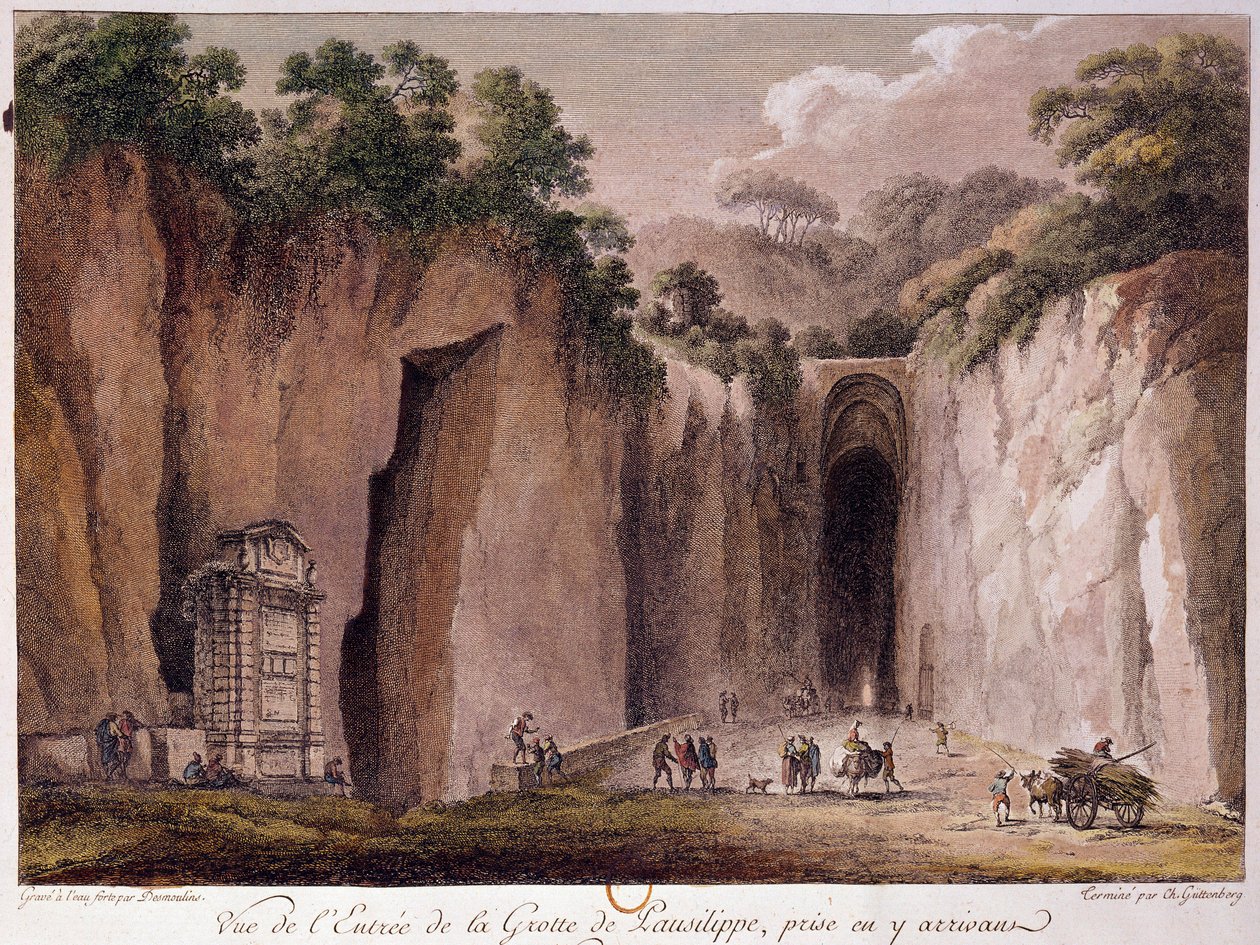 Kilátás a Nápoly melletti Pausilippe (Posillipo) (vagy „Grotta Vecchia”) barlangjára. Chatelet rajza alkotó: Claude Louis Chatelet