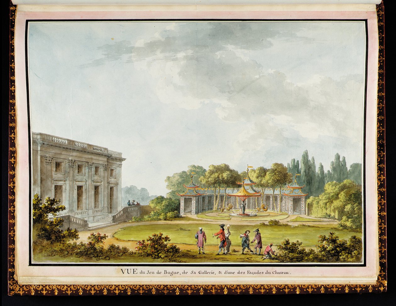 Kilátás a Jeu de Bague-re, a galériára és a kastély egyik homlokzatára, Richard Mique (1728-94) Recueil des plans du Petit Trianon című művéből alkotó: Claude Louis Chatelet