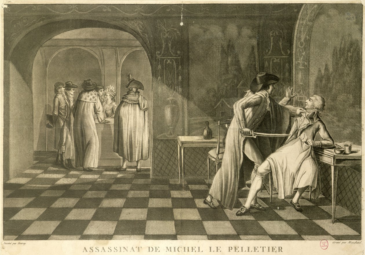 Louis-Michel Le Peletier de Saint-Fargeau helyettes meggyilkolása, 1793. január 20. alkotó: Claude Louis Desrais