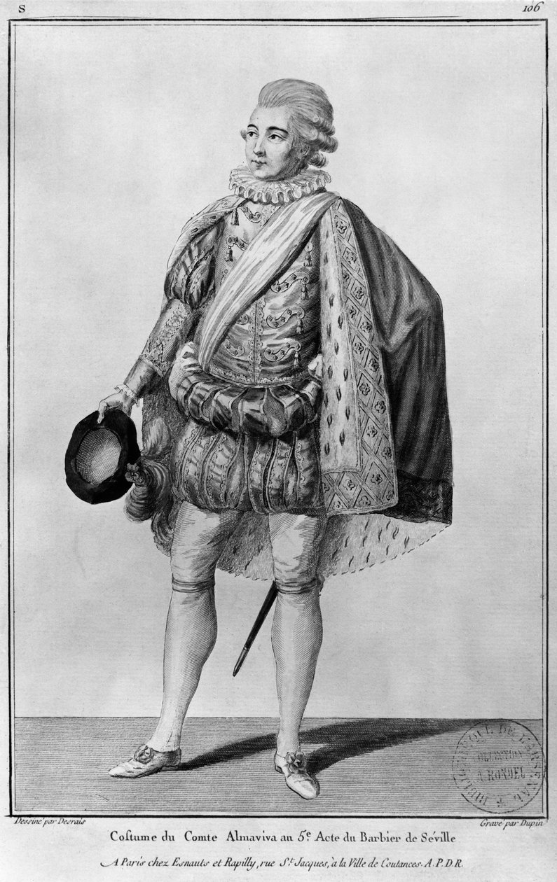 Almaviva gróf, Pierre Augustin Caron de Beaumarchais (1732-99) „A sevillai borbély” V. felvonásának illusztrációja, Jean Victor Dupin (sz. 1718) metszete alkotó: Claude Louis Desrais