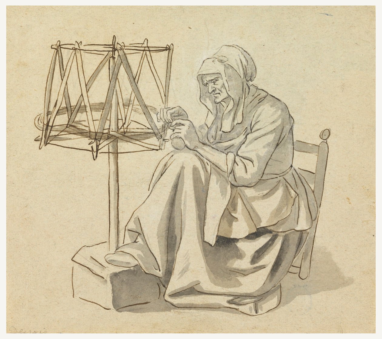 Rajz, Egy öregasszony fon, 1810-30 alkotó: Claude Louis Desrais