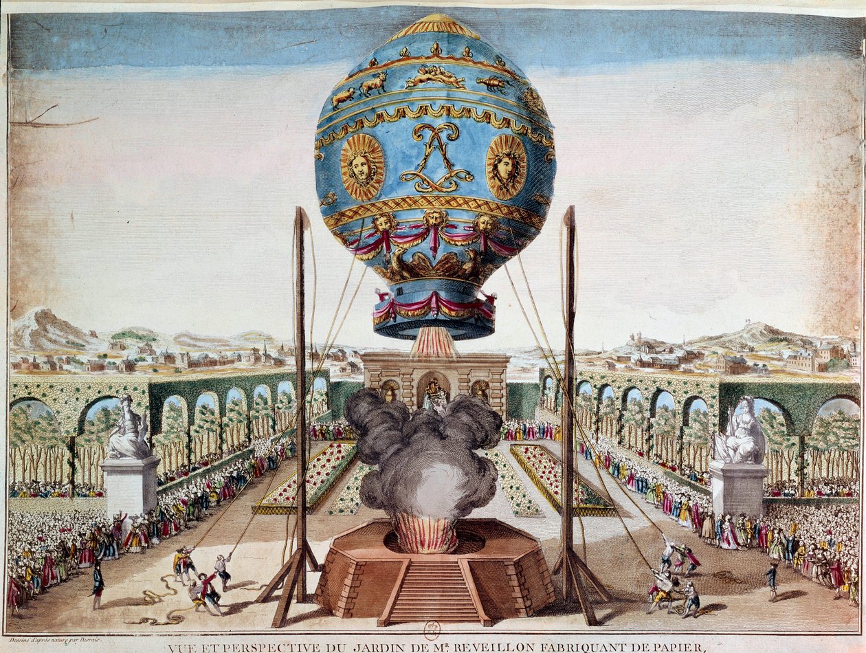 A Montgolfiere testvérek tapasztalata 1783. október 19-én Monsieur Reveillon kertjében, a faubourg Saint Antoine-ban Párizsban. Metszet: Desrais Claude Louis Desrais (1746-1816) alkotó: Claude Louis Desrais