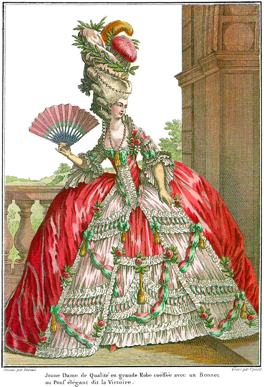 Francia udvari ruha széles táskákkal, 1778. alkotó: Claude Louis Desrais