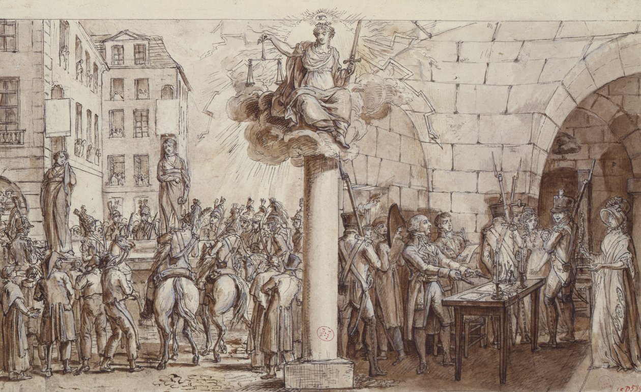Az özvegy Morin és lánya, Angelique Delaporte a Conciergerie-nél, és nyilvános megbilincseléssel büntették aláírások erőszakos zsarolása bűntette miatt, 1812 (toll, tinta és mosás papíron alkotó: Claude Louis Desrais