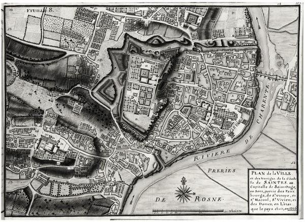 Atlas 131 F fol.8 Saintes térképe, Saintonge fővárosa, Recueil des Plans de Saintonge, 1716 (toll, tinta és WC papíron) alkotó: Claude Masse