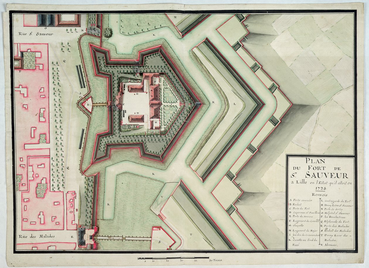 Saint-Sauveur erőd, Lille, 1728-ban, a „Traite de Fortifications”-ből (toll, tinta és WC papíron) alkotó: Claude Masse