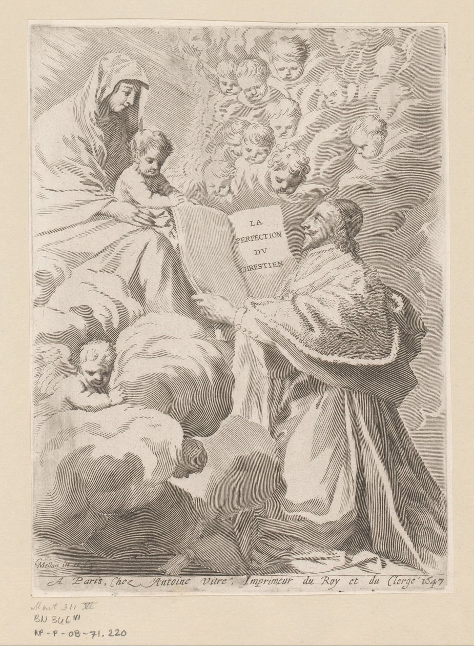 Armand-Jean du Plessis Richelieu hercege könyvet ajándékoz Máriának a gyermekével Címlap ehhez: Armand-Jean du Plessis Richelieu hercege, Traité de la perfection du chrétien alkotó: Claude Mellan