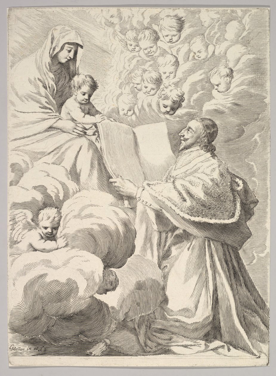 Richelieu bíboros, Térdelve, bemutatja könyvét a Szűznek és a Gyermeknek, kb. 1646. alkotó: Claude Mellan
