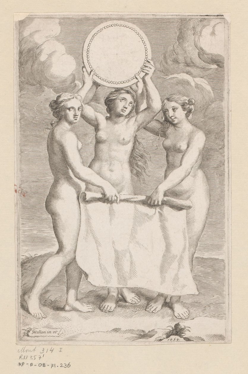 Három Grace egy medalionnal Címlap ehhez: Balthazar de Vias, Charitum libri tres, 1660 alkotó: Claude Mellan