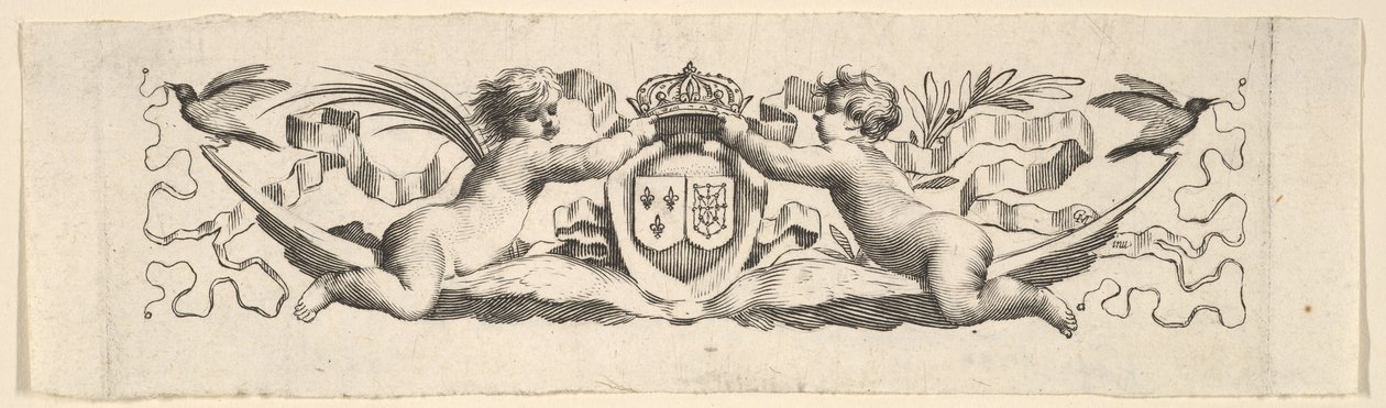 Fejpánt: Két csecsemő Franciaország és Navarra karjaival. alkotó: Claude Mellan