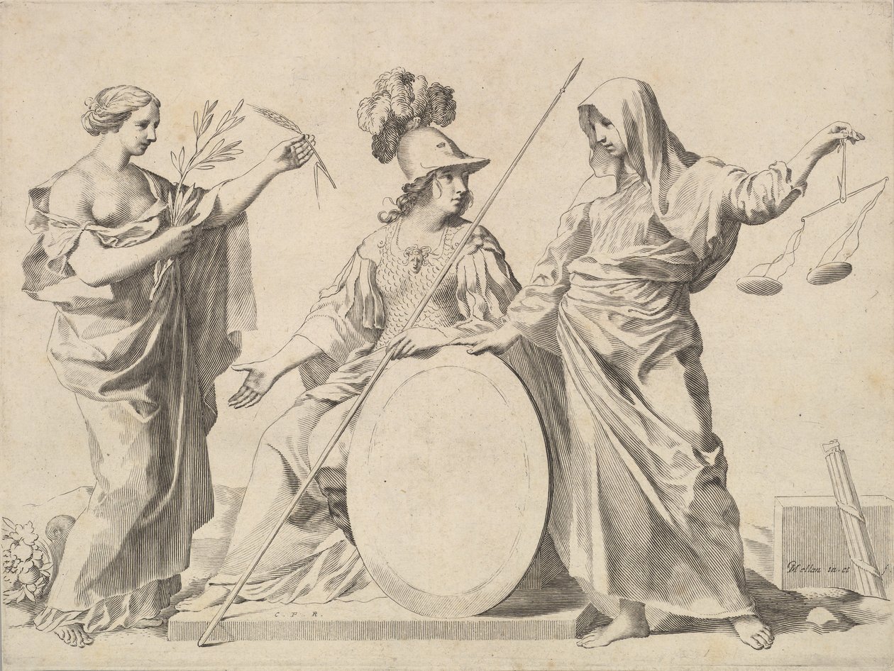 Minerva a béke és igazságosság mellett Gallard és Mesmes fegyverei. alkotó: Claude Mellan