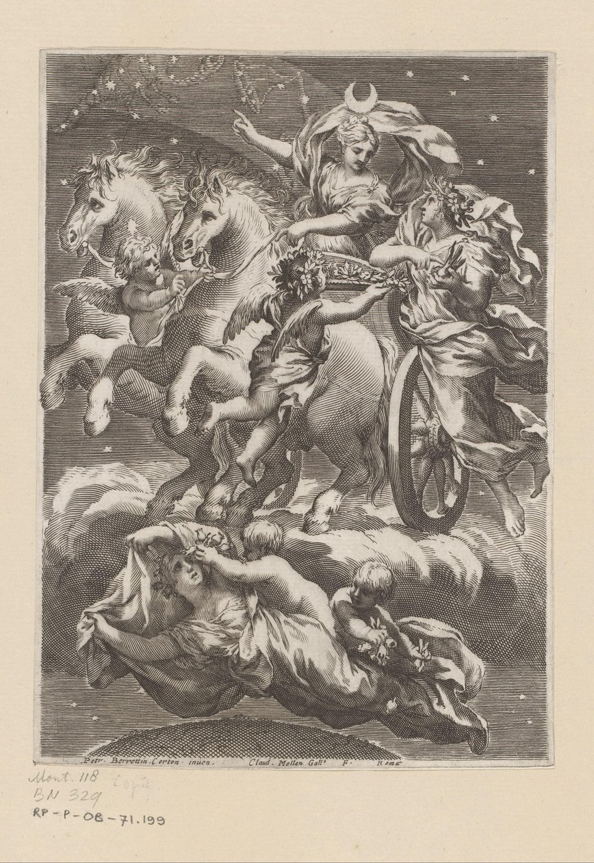 A Hold megszemélyesítése a szekerén Címlap ehhez: Giovanni Battista Ferrari, De Florum cultura libri IV, 1633 alkotó: Claude Mellan