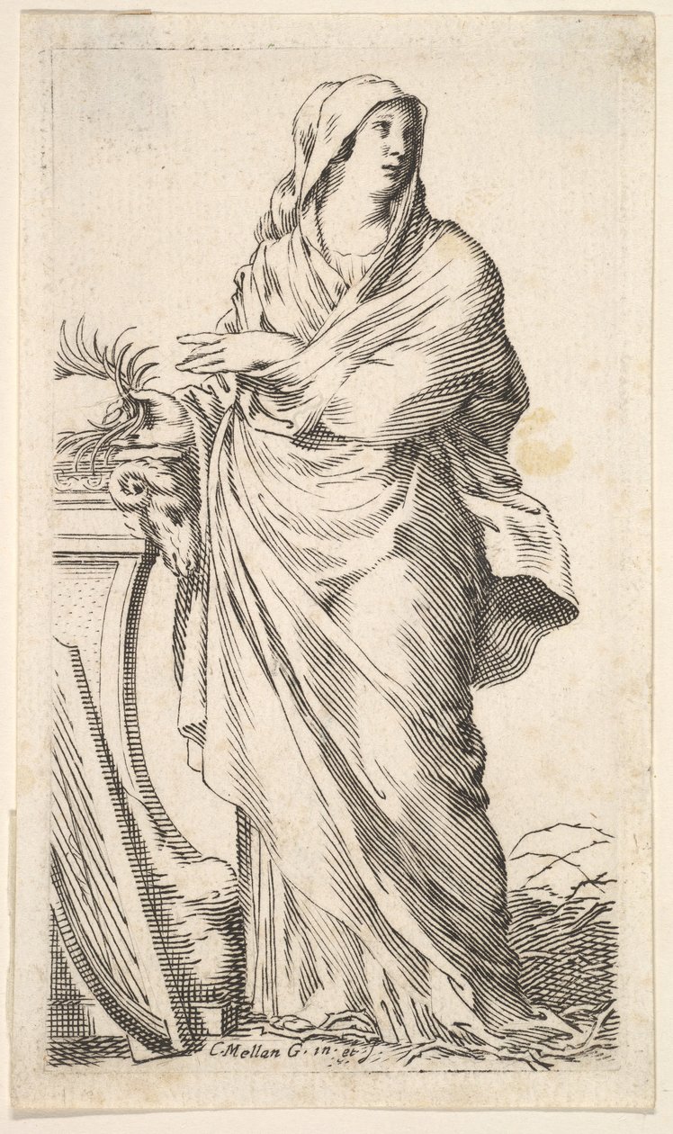 Talpazat mellett álló köntösös nő, jobb kezében pálmaág, hárfa r..., kb. 1620-88. alkotó: Claude Mellan