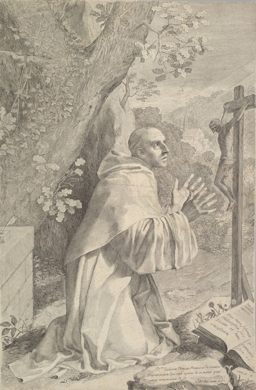 Szent Bernát térdel a feszület előtt, kb. 1655. alkotó: Claude Mellan