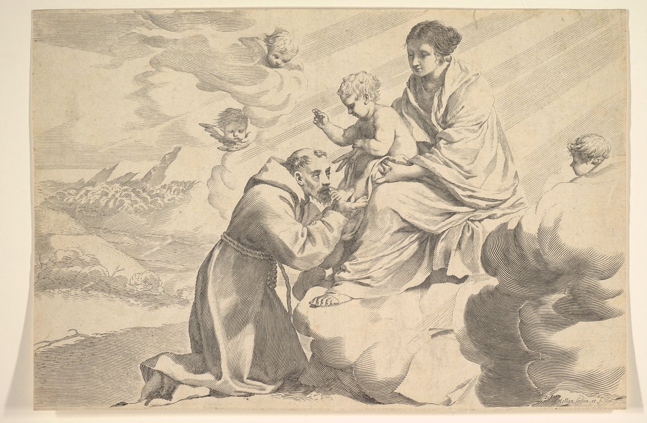 Assisi Szent Ferenc imádja a Krisztus-gyermeket a szüzek ölében. alkotó: Claude Mellan