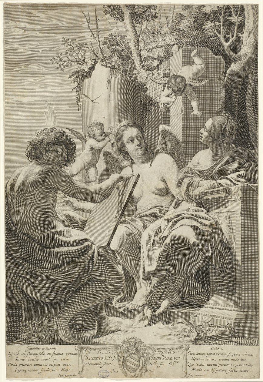 Az értelem, az emlékezet és az akarat allegóriája alkotó: Claude Mellan after Simon Vouet
