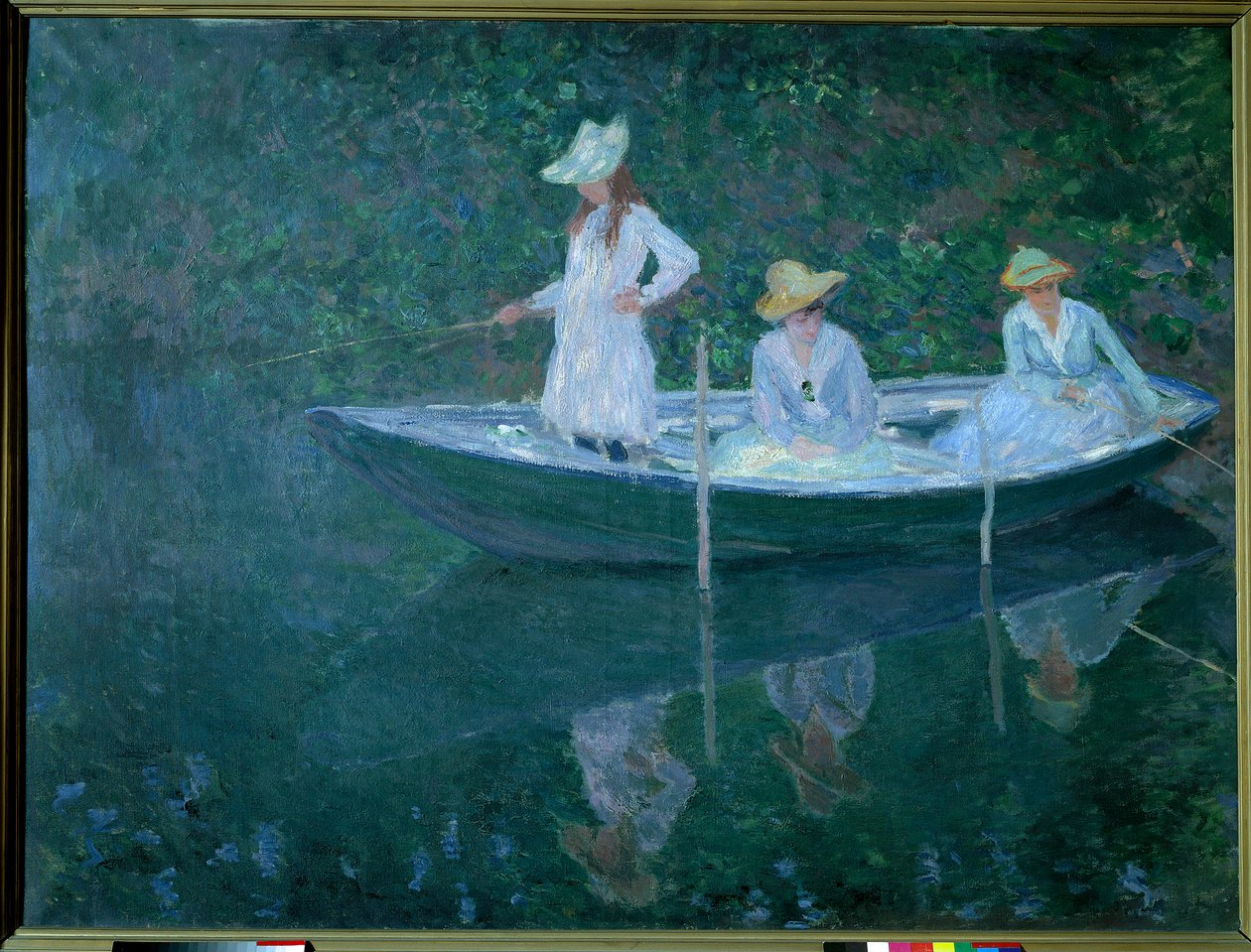 Hajó Givernyben vagy norvég nyelven. Madame Hoschede, a művész második feleségének lányai, Germaine, Suzanne és Blanche, 1887 körül. Claude Monet festménye (1840-1926), Olaj, vászon (0,98 x 1,31 cm). Musee d