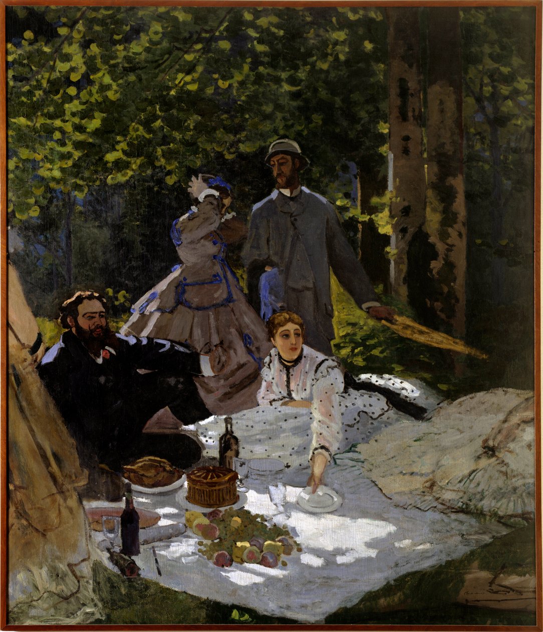 Reggeli a füvön Töredék. Bal oldali rész. Jobb oldal: Gustave Courbet, Camille Doncieux és Frederic Bazille ábrázolása balról jobbra (középen áll). Claude Monet festménye (1840-1926) 1865-1866 V. 2,48x2,17 m Párizs, Muse d