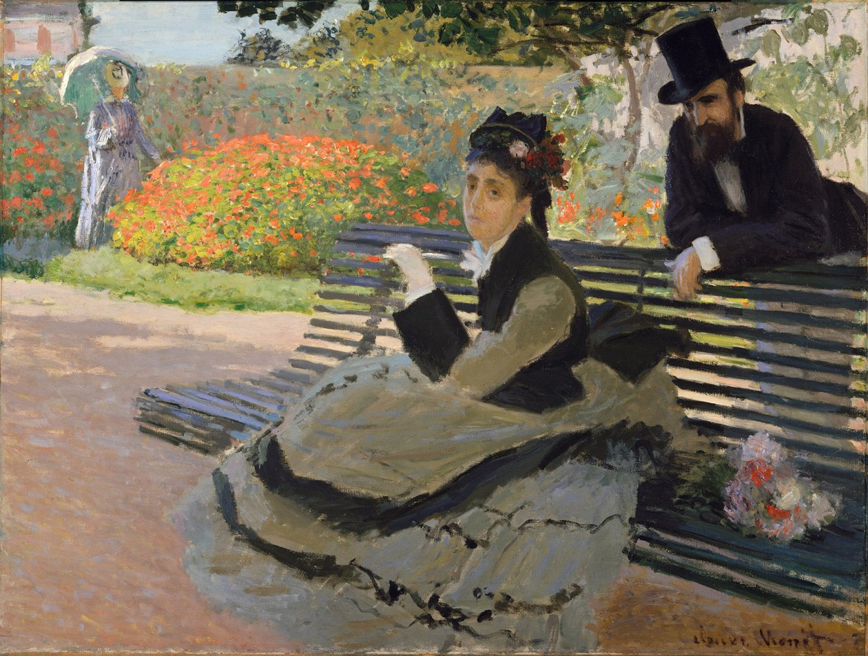Camille Monet egy kerti padon alkotó: Claude Monet