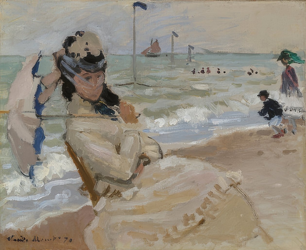 Camille Trouville tengerpartján. 1870 alkotó: Claude Monet
