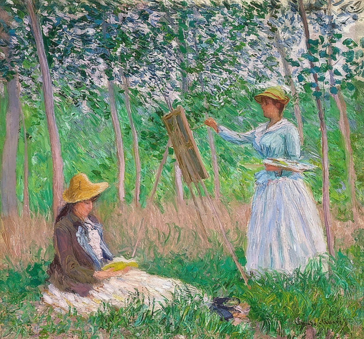 Giverny kertjében: Blanche Hoschedé a festőállványnál és Suzanne Hoschedé felolvasás. 1887 alkotó: Claude Monet