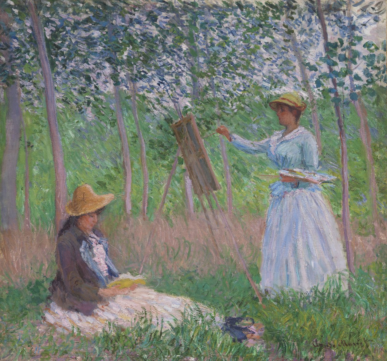 A Giverny-i erdőben: Blanche Hoschedé a festőállványánál, Suzanne Hoschedé pedig olvas alkotó: Claude Monet