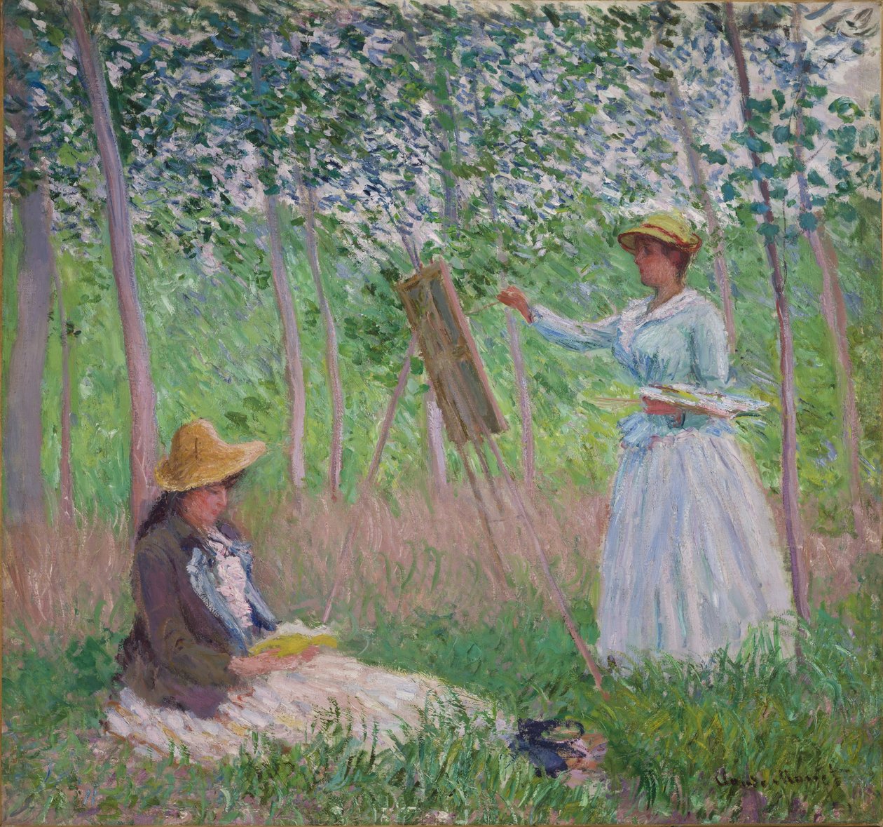 A giverny-i erdőben: Blanche Hoschede a festőállványánál, Suzanne Hoschede olvas, 1887 alkotó: Claude Monet