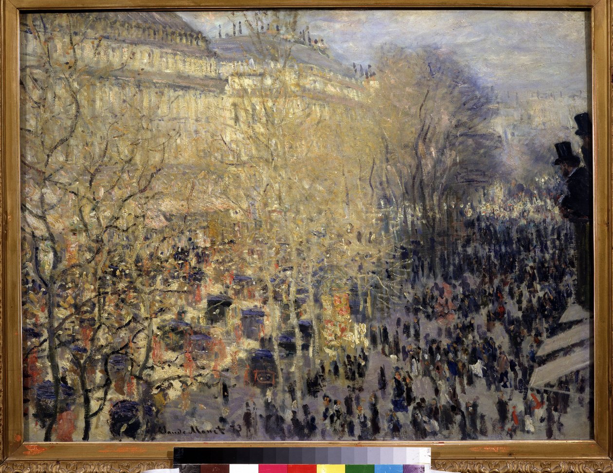 ""Le boulevard des Capucines"" Járókelők tömege és forgalom Párizs Operanegyedében. Claude Monet festménye (1840-1926). Olajfestmény. Impresszionizmus. 1873. 61x80 cm-es Puskin Múzeum, Moszkva alkotó: Claude Monet