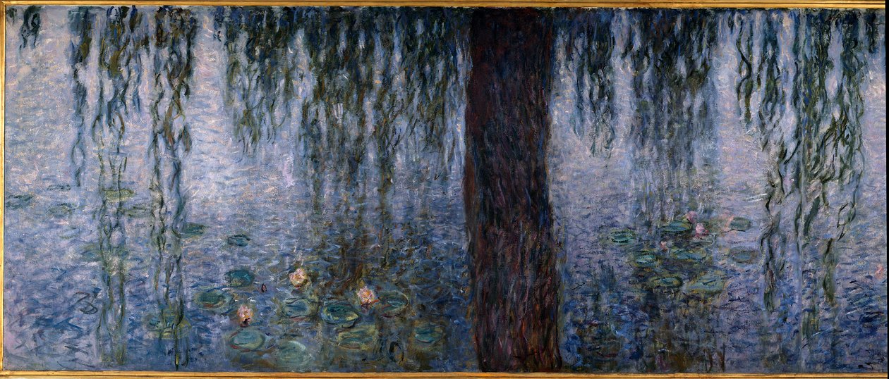 Les Nympheas; reggel tiszta fűzfákkal (bal oldali triptichon olaj fán 200 x 425 cm), sd. 1914-1926. írta Claude Monet (1840-1926). Musee de l