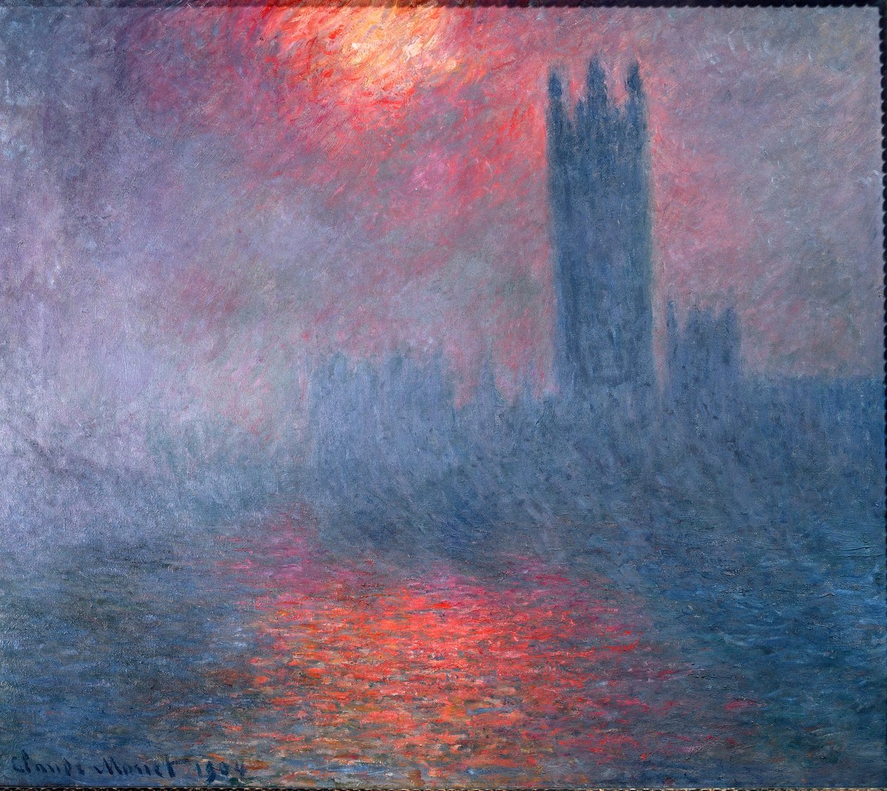 London, Parlament, napsütés a ködben alkotó: Claude Monet