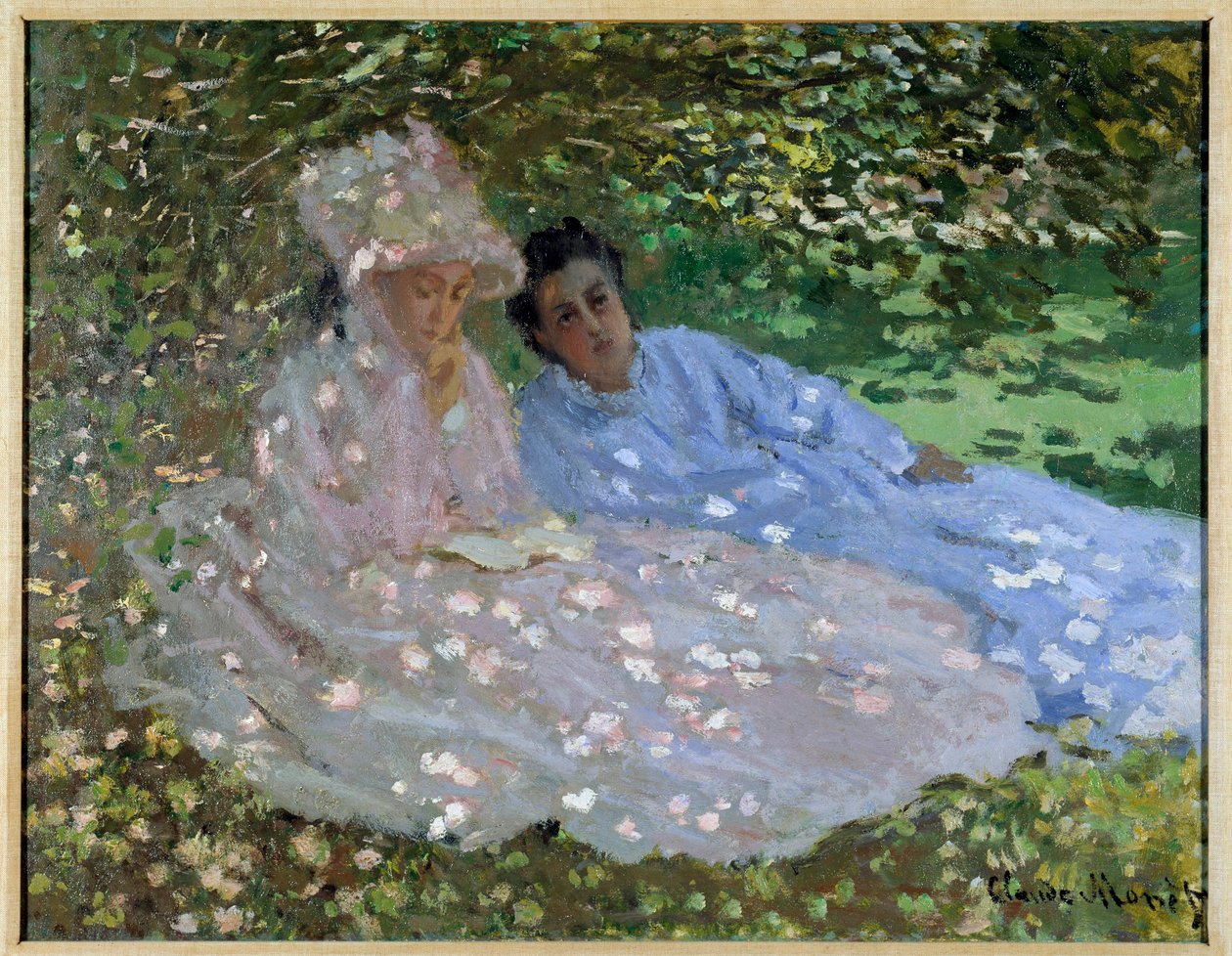 Monet asszony és egy barátja a kertben. Két nő ül egy fa árnyékában. Claude Monet festménye (1840-1926) alkotó: Claude Monet