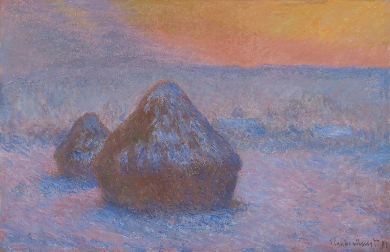 Búza halom naplemente, hóhatás, 189091. alkotó: Claude Monet