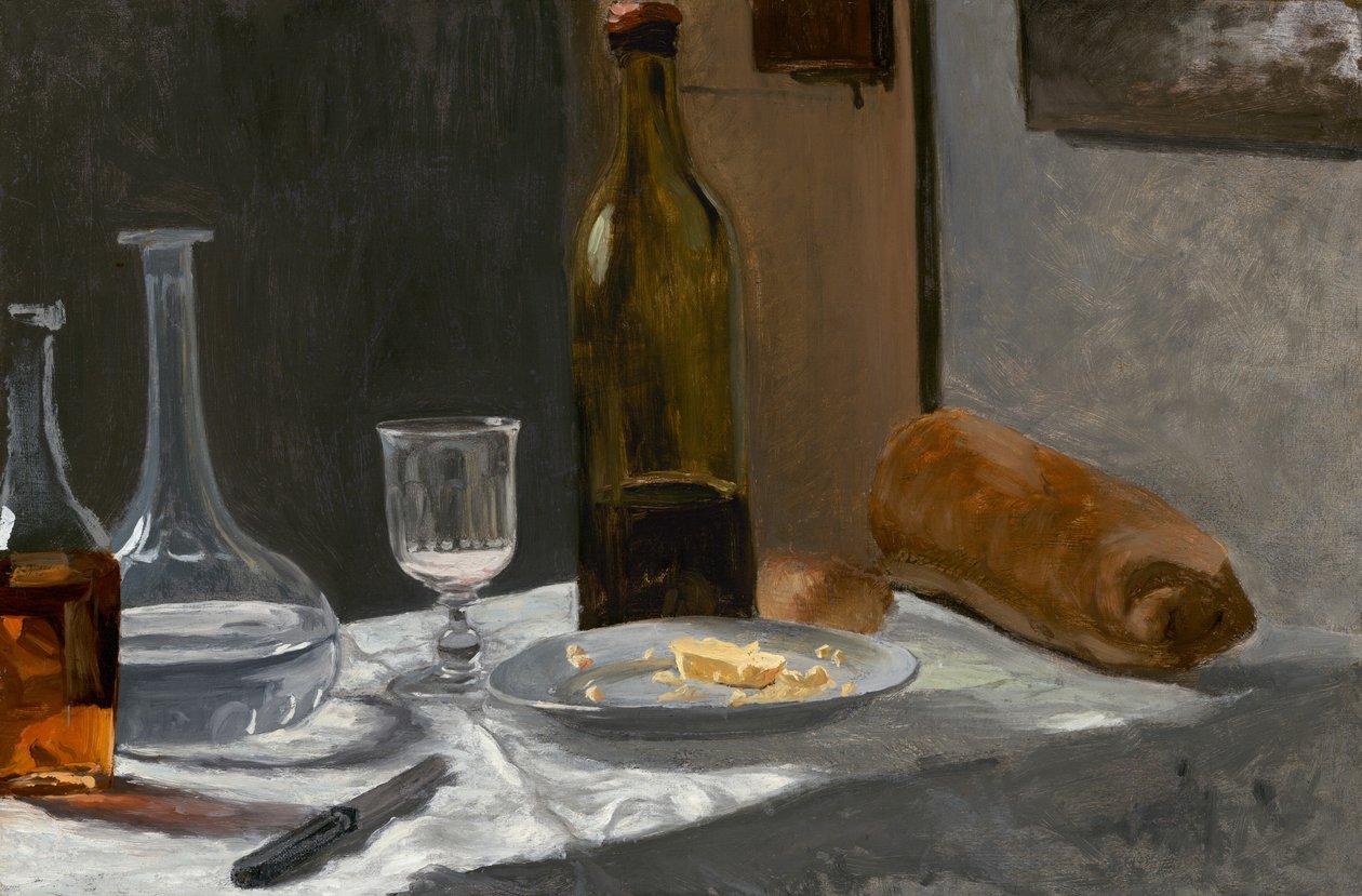 Csendélet palackkal, kancsóval, kenyérrel és borral, c. 18621863. alkotó: Claude Monet