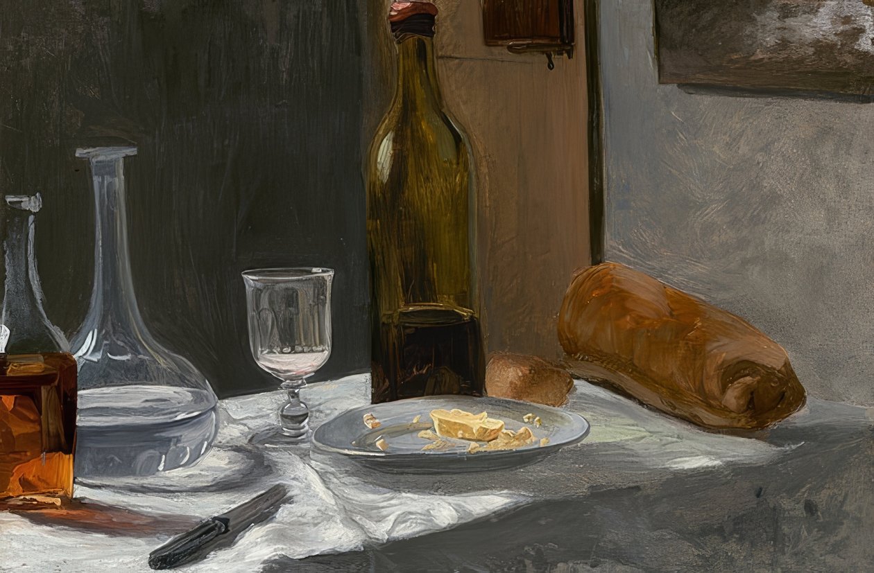 Csendélet üveggel, kancsóval, kenyérrel és borral. 1862/63 körül alkotó: Claude Monet