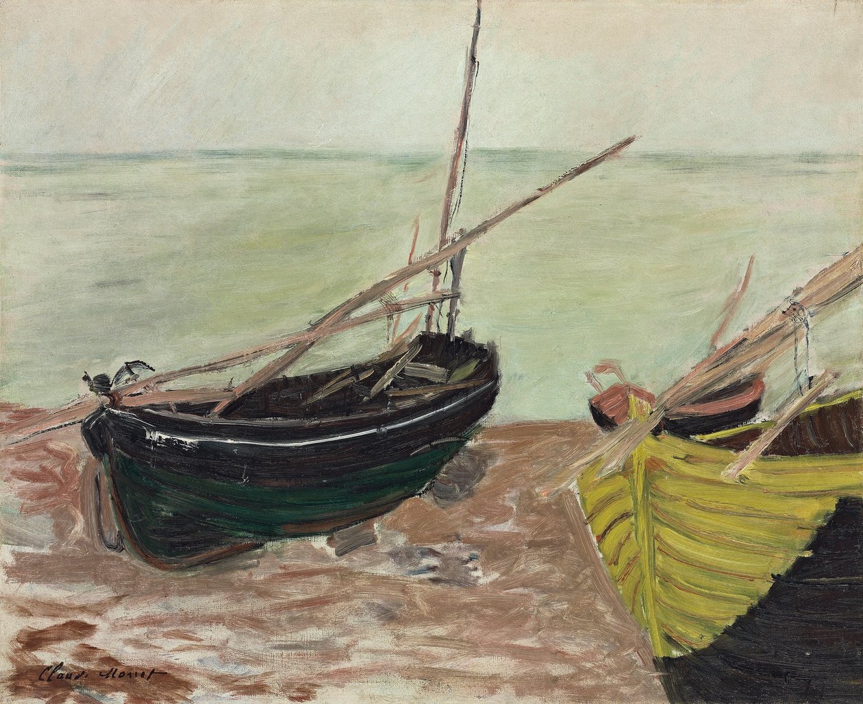 Csónakok tanulmányozása az Etretat Beachen; Csónakok tanulmányozása Etretat tengerpartján, 1885 alkotó: Claude Monet