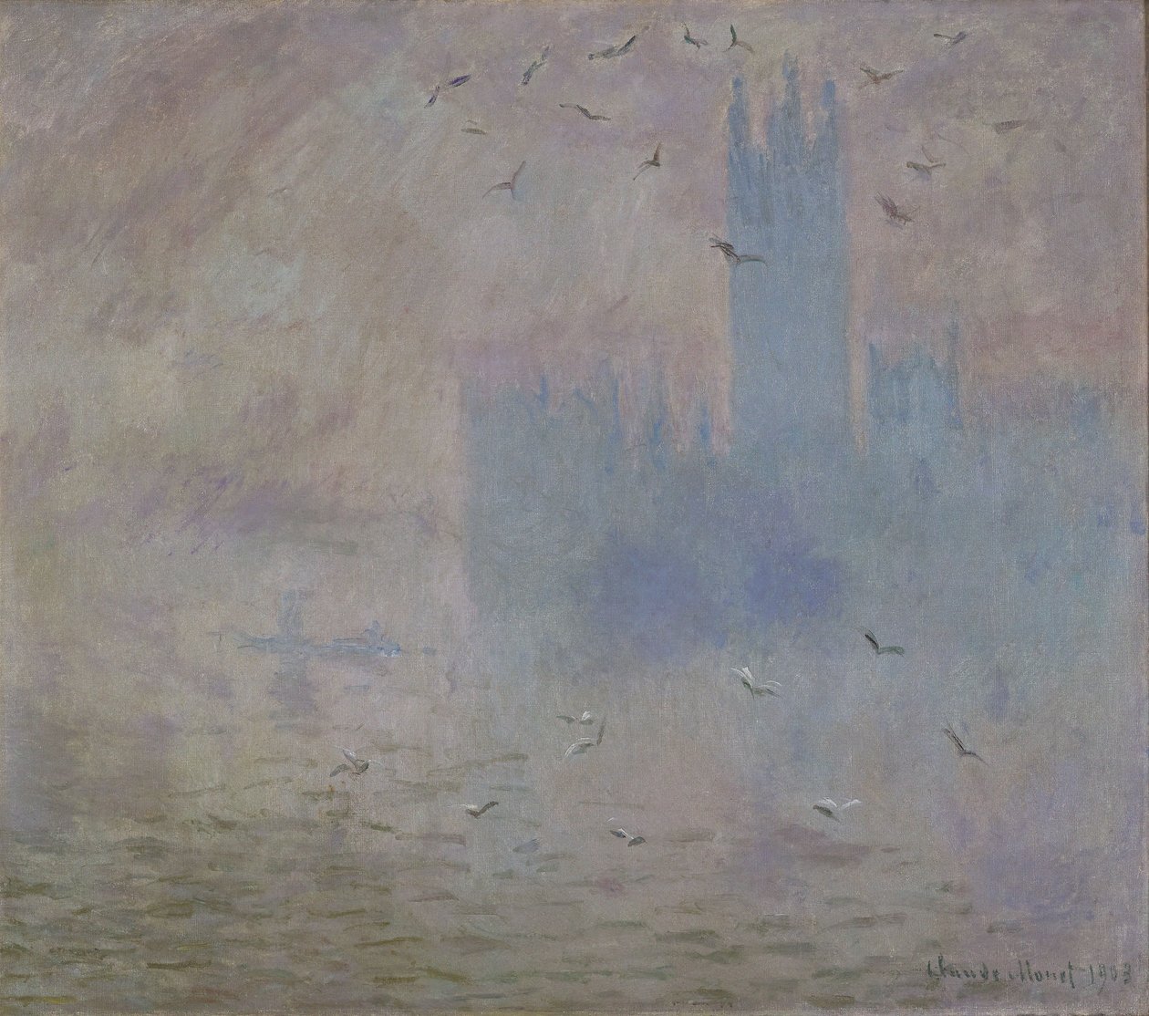 A Parlament épületei, sirályok alkotó: Claude Monet