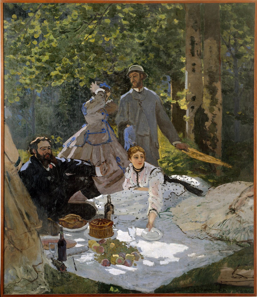 A reggeli a füvön (Frederic Bazille (1841-1870) portréja középen, Camille Doncieux (1847-1879) és Gustave Courbet (1819-1877) a Gauche) alkotó: Claude Monet