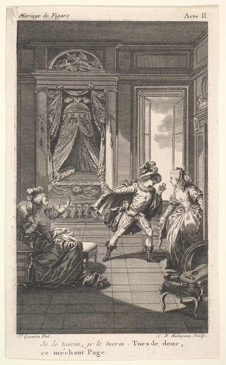 Egy férfi a jobb oldali ajtóban álló nő felé hajol, balra egy ülő nő emel..., kb. 1784. alkotó: Claude Nicolas Malapeau