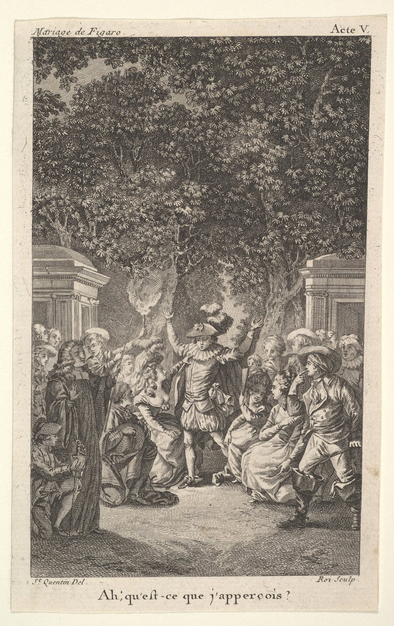 Egy fiatal fiú fáklyát tart a fák alatt a kertben, középen egy férfi felemeli mindkét karját, s..., kb. 1784. alkotó: Claude Nicolas Malapeau