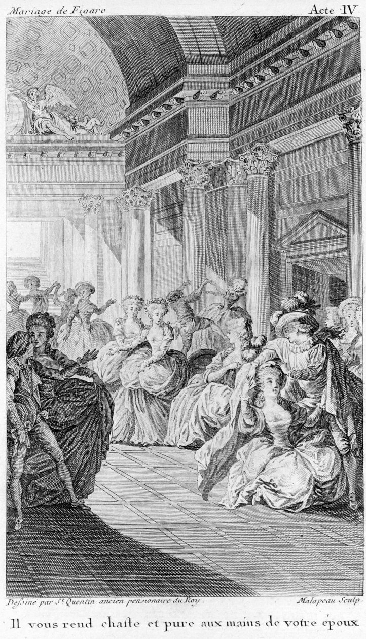 Figaro de Beaumarchais házassága, IV. felvonás. rajz St. Quentin, metszet Malapeau alkotó: Claude Nicolas Malapeau